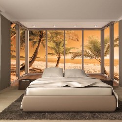 Wall murals beach with palm trees on orange background window Wall murals beach with palm trees on orange background window