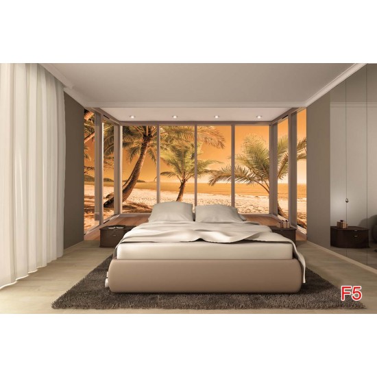 Wall murals beach with palm trees on orange background window Wall murals beach with palm trees on orange background window