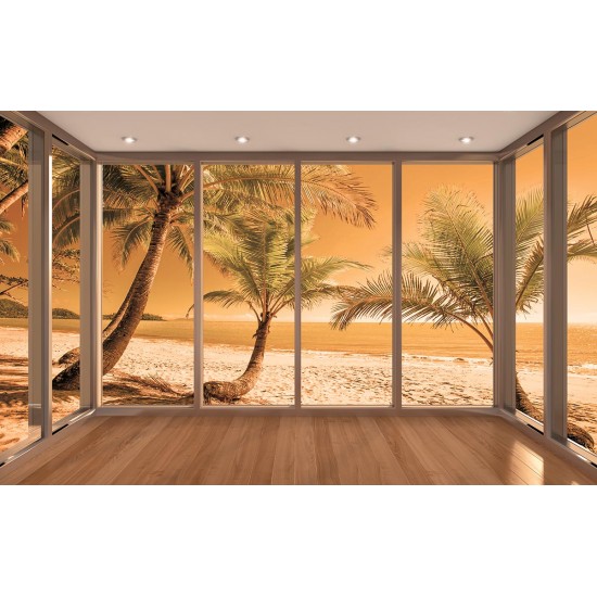 Wall murals beach with palm trees on orange background window Wall murals beach with palm trees on orange background window