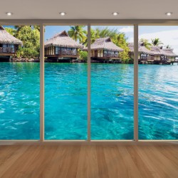 Wall murals Tropical view of Bora Bora window gold