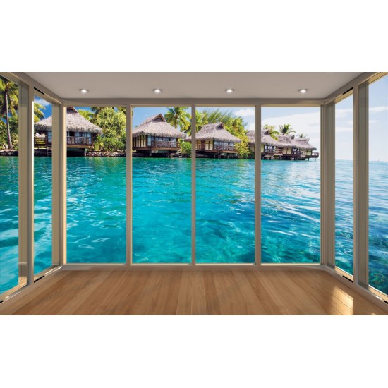 Wall murals Tropical view of Bora Bora window gold Wall murals Tropical view of Bora Bora window gold