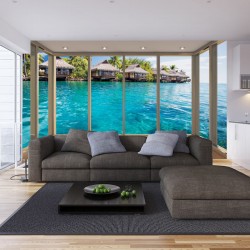 Wall murals Tropical view of Bora Bora window gold Wall murals Tropical view of Bora Bora window gold