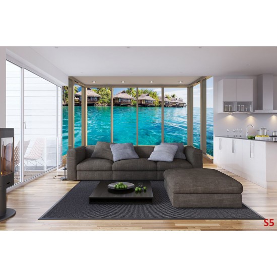 Wall murals Tropical view of Bora Bora window gold Wall murals Tropical view of Bora Bora window gold