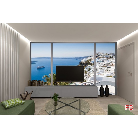Photo mural view from Santorini in a french window Photo mural view from Santorini in a french window