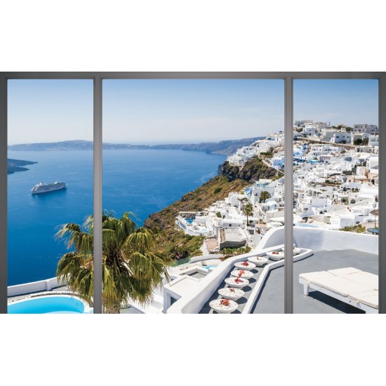 Photo mural view from Santorini in a french window Photo mural view from Santorini in a french window