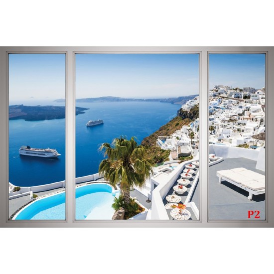 Photo mural view from Santorini in a french window Photo mural view from Santorini in a french window