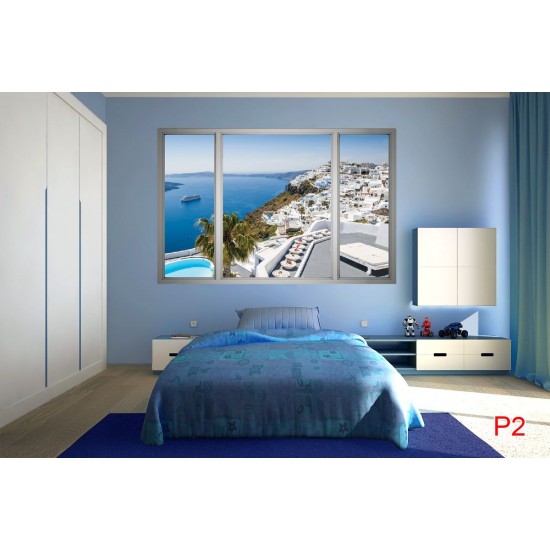 Photo mural view from Santorini in a french window Photo mural view from Santorini in a french window