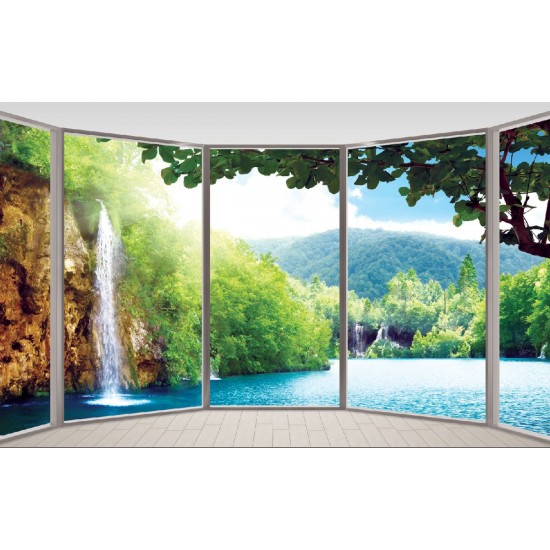 Wallpapers mural ellipse window with waterfall view Wallpapers mural ellipse window with waterfall view