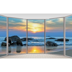 Wall mural ellipse window view with sea sunset