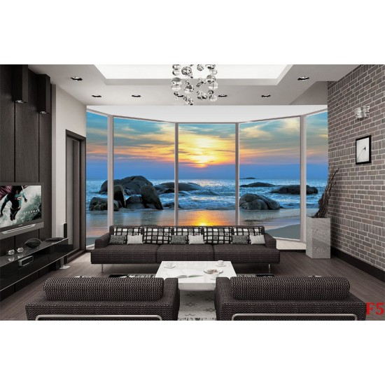 Wall mural ellipse window view with sea sunset Wall mural ellipse window view with sea sunset