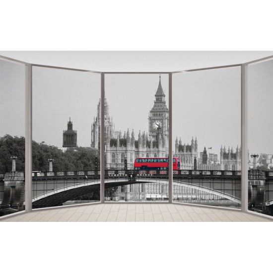 Wallpapers mural window view of London bridge with a red bus Wallpapers mural window view of London bridge with a red bus