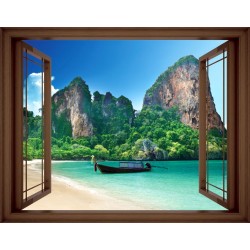 Wallpapers mural tropical beach with rocks and boat window - 3 colors
