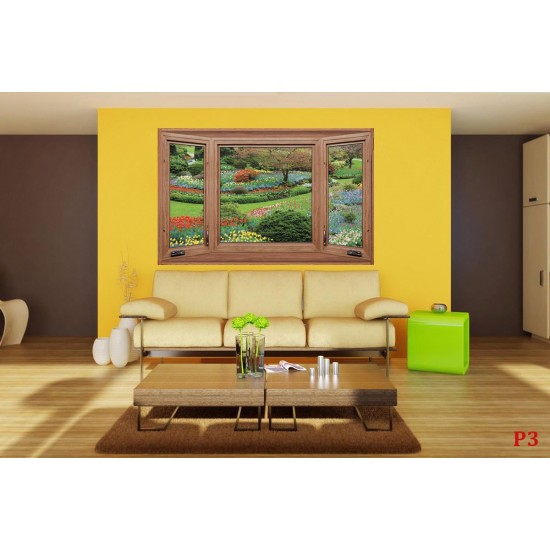 Photo mural wooden windows overlooking a garden