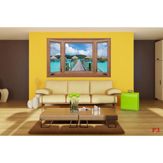 Photo mural wooden windows with a view of Maldives