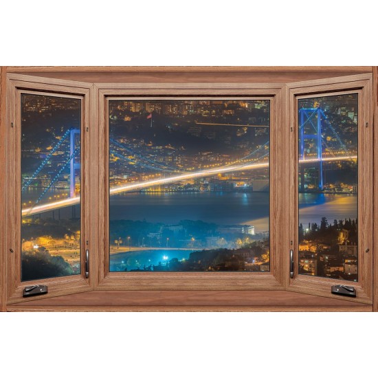 Photo mural wooden windows with a view of the Bosphorus Bridge