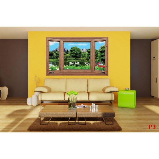 Photo mural wooden windows view out of lake with swans