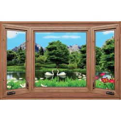 Photo mural wooden windows view out of lake with swans