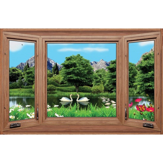 Photo mural wooden windows view out of lake with swans