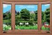 Photo mural wooden windows view out of lake with swans
