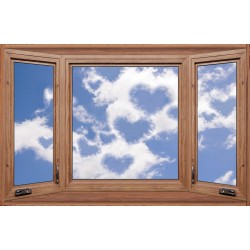 Photo mural wooden windows with a view of the clouds hearts