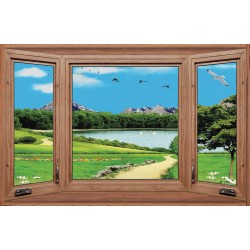 Photo mural wooden windows with a view of lake pathway