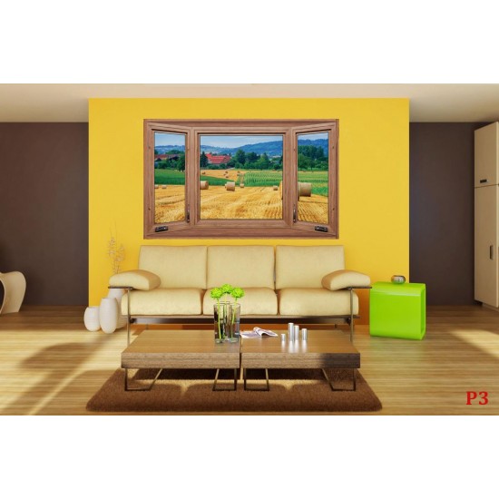 Photo mural wooden windows with a view of the levels with bales Photo mural wooden windows with a view of the levels with bales