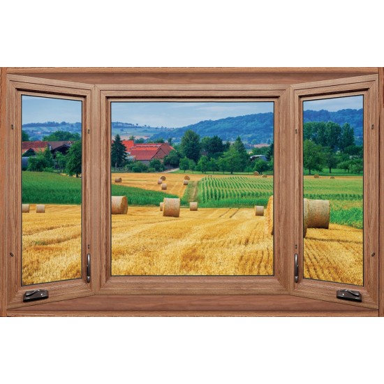Photo mural wooden windows with a view of the levels with bales Photo mural wooden windows with a view of the levels with bales