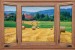 Photo mural wooden windows with a view of the levels with bales