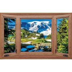 Photo mural wooden windows with a view of the winter mountain