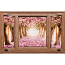 Photo mural wooden windows with a view of the with pink trees