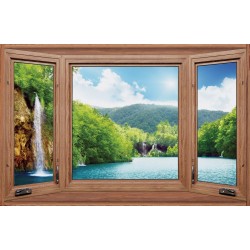 Photo mural wooden windows with a view with waterfall