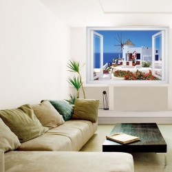 Wallpapers mural view of Santorini with window - 3 colours Wallpapers mural view of Santorini with window - 3 colours