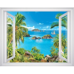 Wallpapers mural window in 3 colors sea View Boat