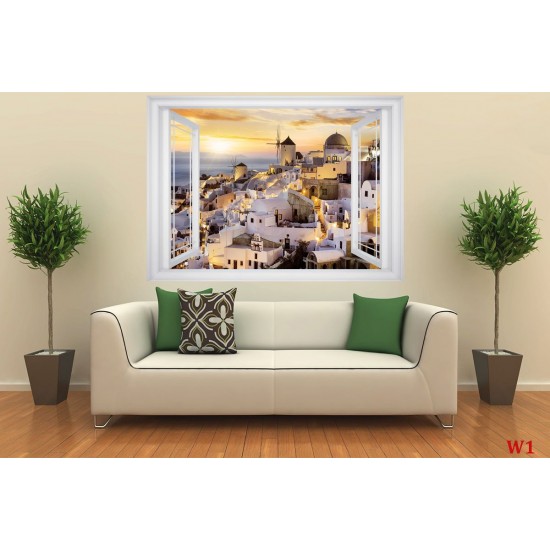 Wallpapers mural Window in 3 color view Santorini sunset Wallpapers mural Window in 3 color view Santorini sunset