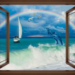 Wallpapers mural small window with sea view with dolphins in 3 colors