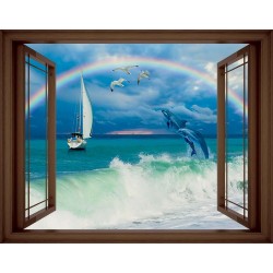 Wallpapers mural small window with sea view with dolphins in 3 colors