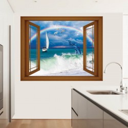 Wallpapers mural small window with sea view with dolphins in 3 colors