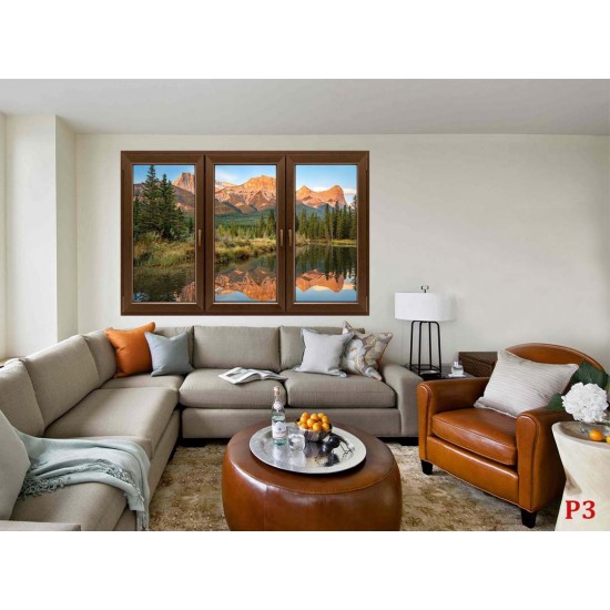 Photo mural window 3 wings with mountain view mirror image