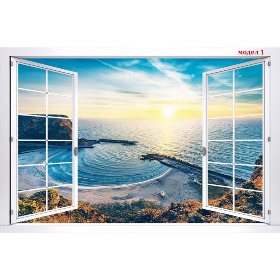 Photo mural white window with sunset landscapes in blue