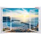 Photo mural white window with sunset landscapes in blue