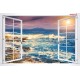 Photo mural white window with sunset landscapes in blue