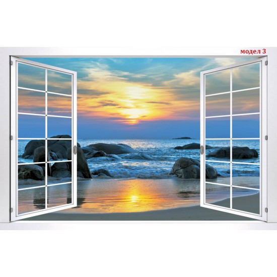 Photo mural white window with sunset landscapes in blue