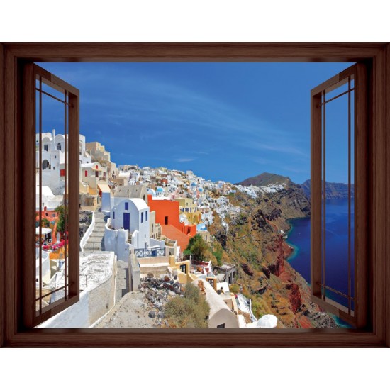 Wallpapers mural panoramic view of Santorini with window - 3 colours
