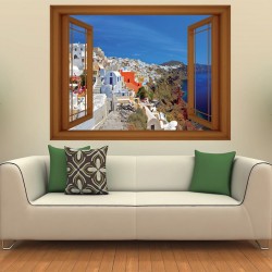 Wallpapers mural panoramic view of Santorini with window - 3 colours