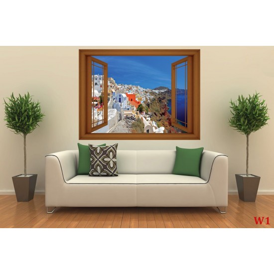 Wallpapers mural panoramic view of Santorini with window - 3 colours