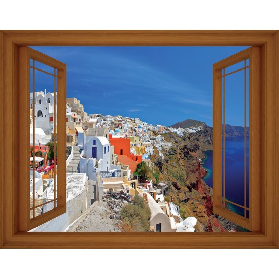 Wallpapers mural panoramic view of Santorini with window - 3 colours