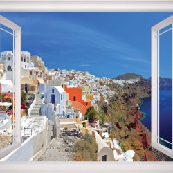 Wallpapers mural panoramic view of Santorini with window - 3 colours