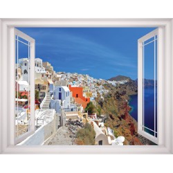 Wallpapers mural panoramic view of Santorini with window - 3 colours Wallpapers mural panoramic view of Santorini with window - 3 colours
