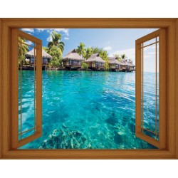 Wallpapers mural window view of tropical summer houses and sea - 3 colours