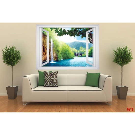 Wallpapers mural window view with waterfall laguna - 3 colours